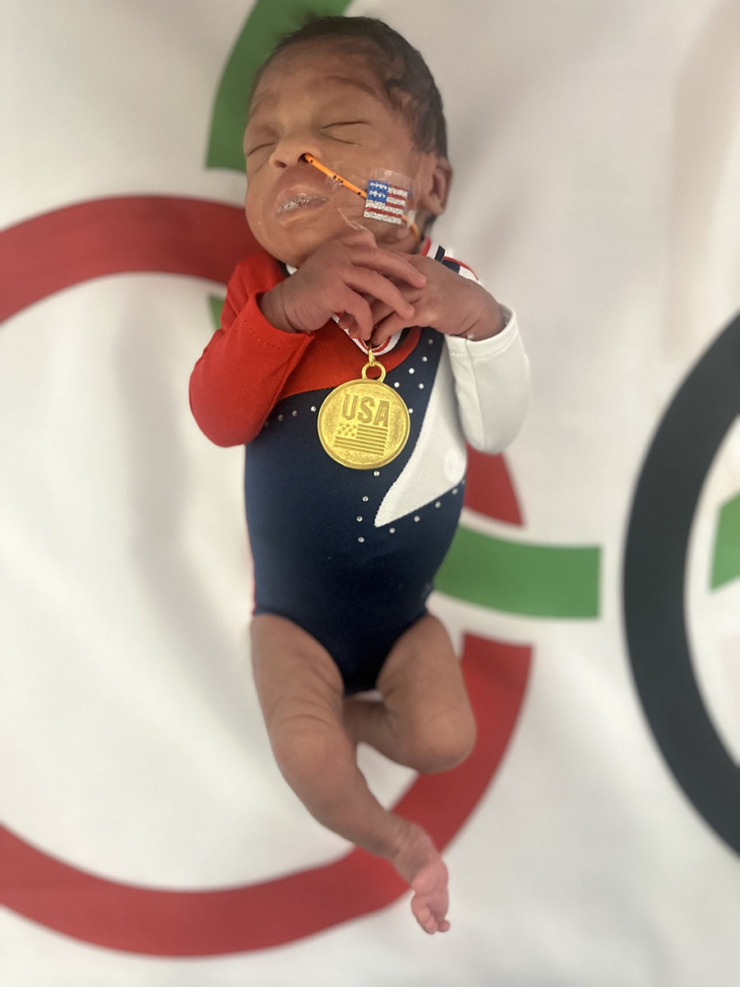 <strong>This baby is dressed up like a gold medalist.</strong> (Kerry Thompson/Courtesy Saint Francis Healthcare)