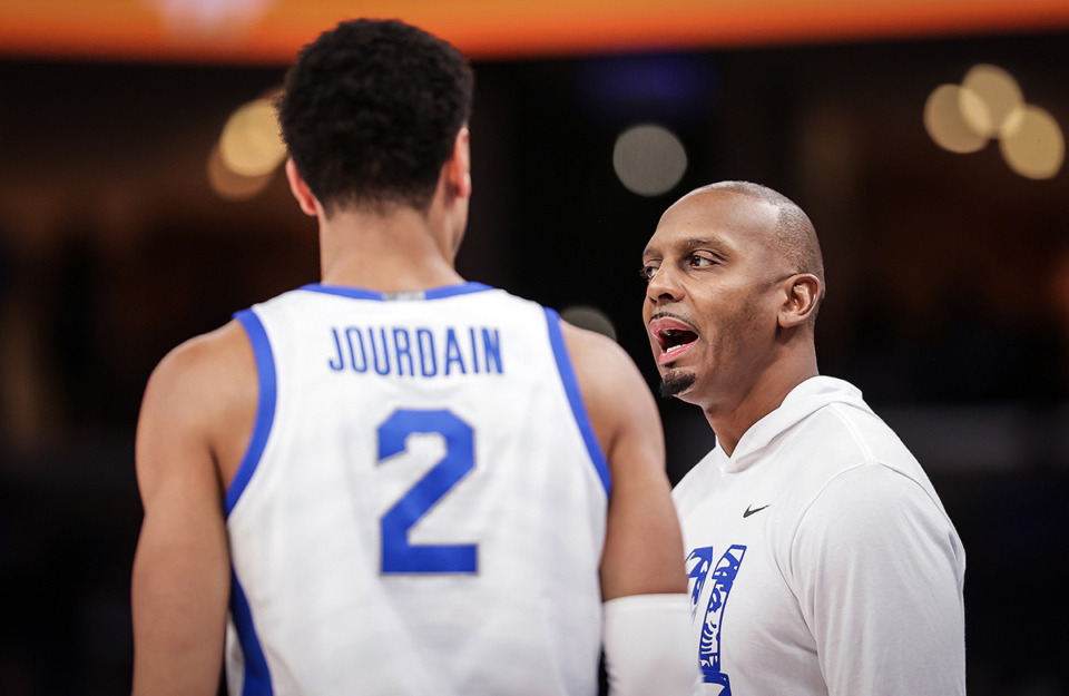 <strong>University of Memphis coach Penny Hardaway talks to forward Nicholas Jourdain (2) during a Feb. 3 game against Wichita State.</strong> (Patrick Lantrip/The Daily Memphian file)