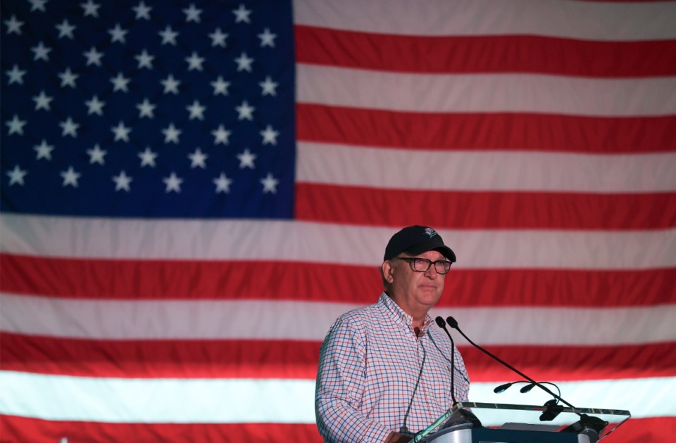 <strong>Towers to Tunnels board member Brad Blakeman speaks at the groundbreaking ceremony for Tunnels to Towers overhaul of an old hotel into an apartment complex to unsheltered veterans July 25, 2024.</strong> (Patrick Lantrip/The Daily Memphian)