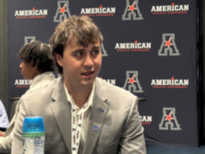 <strong>Seth Henigan speaks at AAC Media Days on July 23, 2024, in Arlington, Texas.</strong> (Tim Buckley/The Daily Memphian)