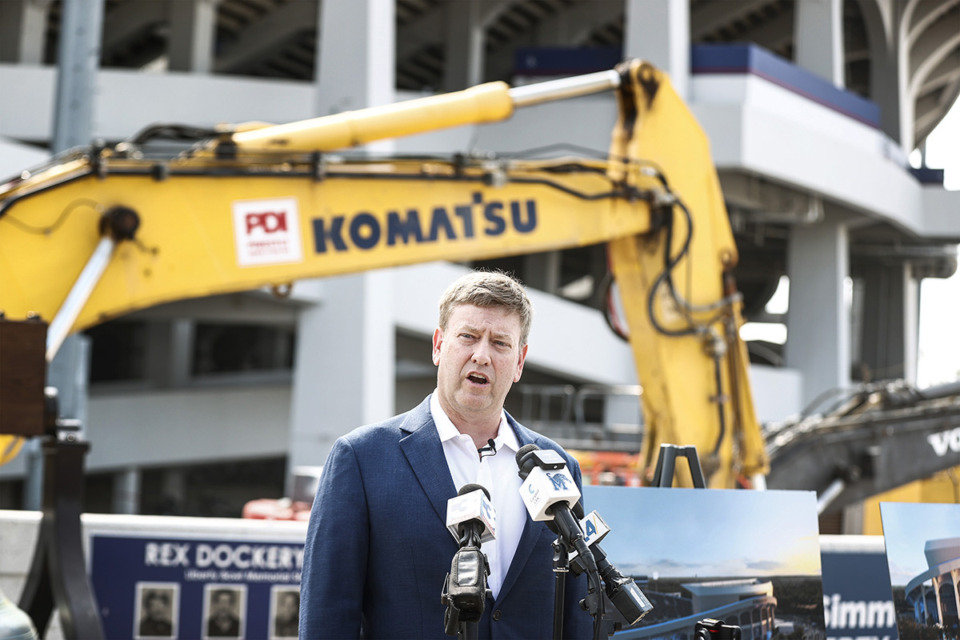 <strong>Jeff Crane speaks during a press conference as the University of Memphis begins Phase 2 of the Simmons Bank Liberty Stadium renovation project July 22.</strong> (Mark Weber/The Daily Memphian)