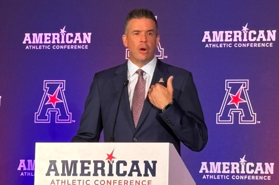 <strong>AAC commissioner Tim Pernetti speaks Tuesday, July 23, 2024, at football Media Days in Arlington, Texas.</strong> (Tim Buckley/The Daily Memphian)