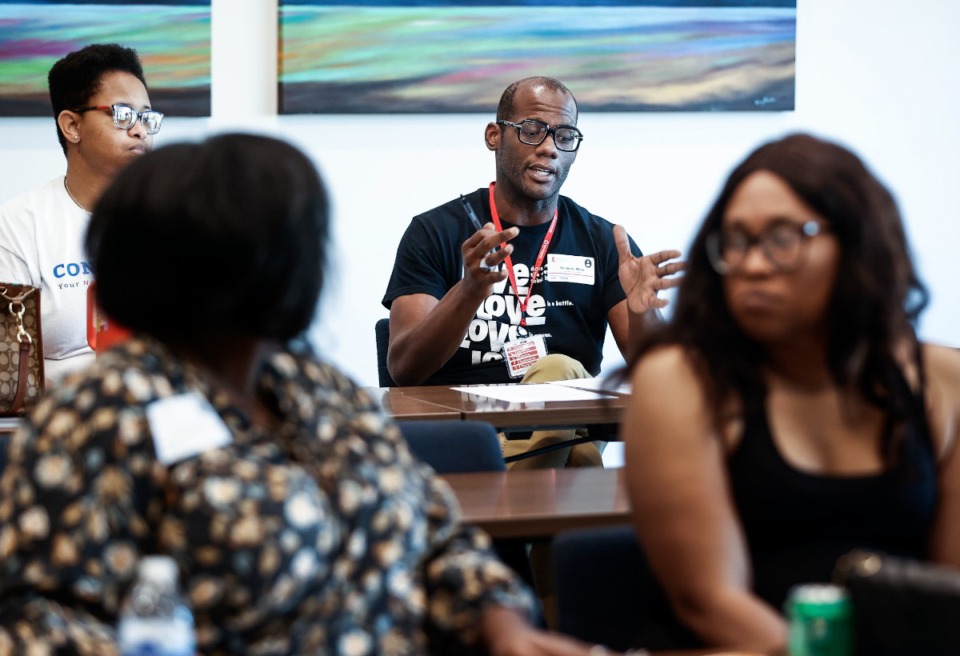 <strong>Dominick White (middle) speaks during at End HIV Community Advisory Committee meeting on Wednesday, July 10, 2024, at St. Jude Children's Research Hospital.</strong> (Mark Weber/The Daily Memphian)