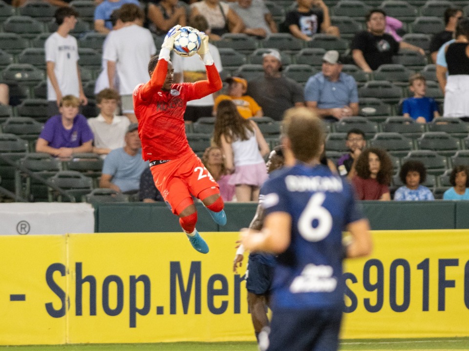 <strong>Memphis goalie Triston Henry soars in the air to grab the ball in a highly defensive game against San Antonio at AutoZone Park, Saturday, July 27, 2024. Henry helped keep San Antonio scoreless in the 1-0 win.</strong> (Greg Campbell/Special to The Daily Memphian)