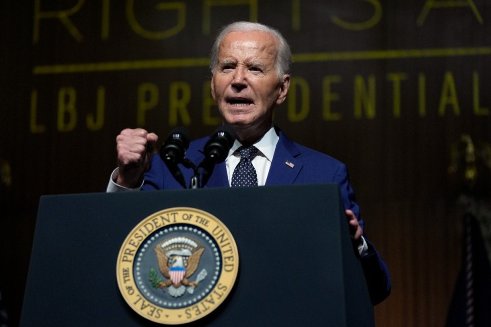 <strong>President Joe Biden speaks at an event commemorating the 60th Anniversary of the Civil Rights Act, Monday, July 29, 2024, at the LBJ Presidential Library in Austin, Texas.</strong> (Manuel Balce Ceneta/AP)