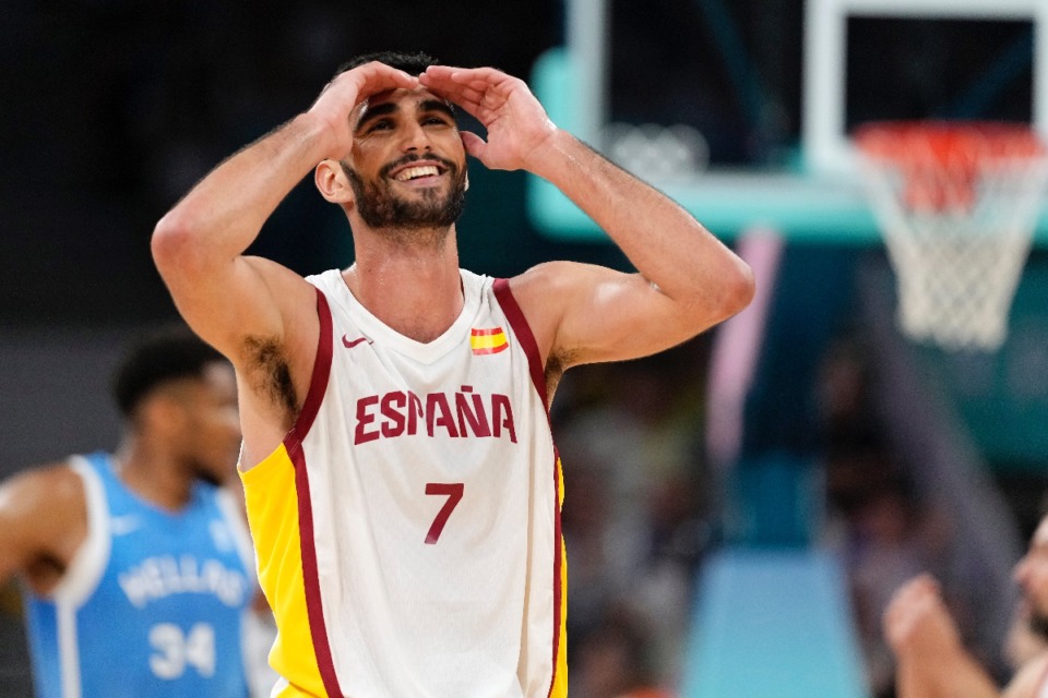 <strong>Spain's Santi Aldama reacts to a shot clock violation against Spain in a men's basketball game against Greece at the 2024 Summer Olympics, Tuesday, July 30, 2024, in Villeneuve-d'Ascq, France.</strong> (Michael Conroy/AP Photo)