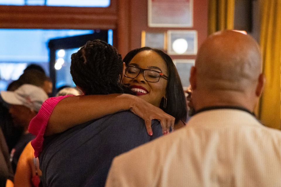 <strong>Newly elected General Sessions Court Clerk Tami Sawyer (center) greets supporters Thursday night, Aug. 1 at an election night party at Swamp Bar at Overton Square.</strong> (Benjamin Naylor/The Daily Memphian)