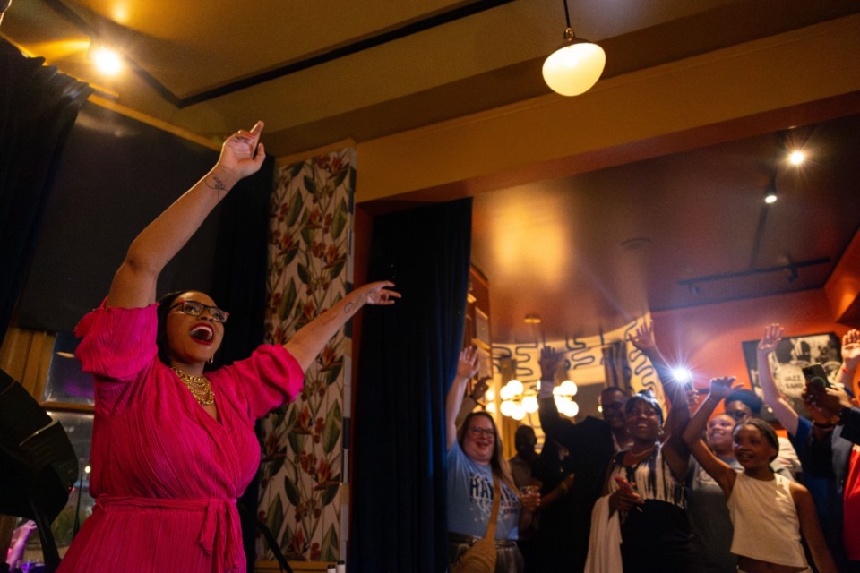 <strong>Tami Sawyer celebrates her win in the General Sessions Court Clerk race Thursday night, Aug. 1 at Swamp Bar at Overton Square.</strong> (Benjamin Naylor/The Daily Memphian)