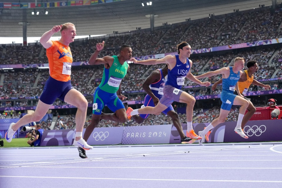 <strong>Harrison Williams, of the United States, wins a heat in the decathlon 100-meter run at the 2024 Summer Olympics, Friday, Aug. 2, 2024, in Saint-Denis, France.</strong> (AP Photo/David J. Phillip)