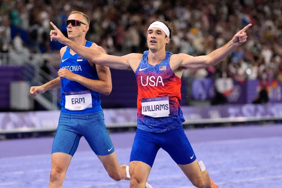 <strong>Harrison Williams, of the United States, reacts as he crosses the finish line in the decathlon 1500-meters at the 2024 Summer Olympics, Saturday, Aug. 3, 2024, in Saint-Denis, France.</strong> (AP Photo/Matthias Schrader)