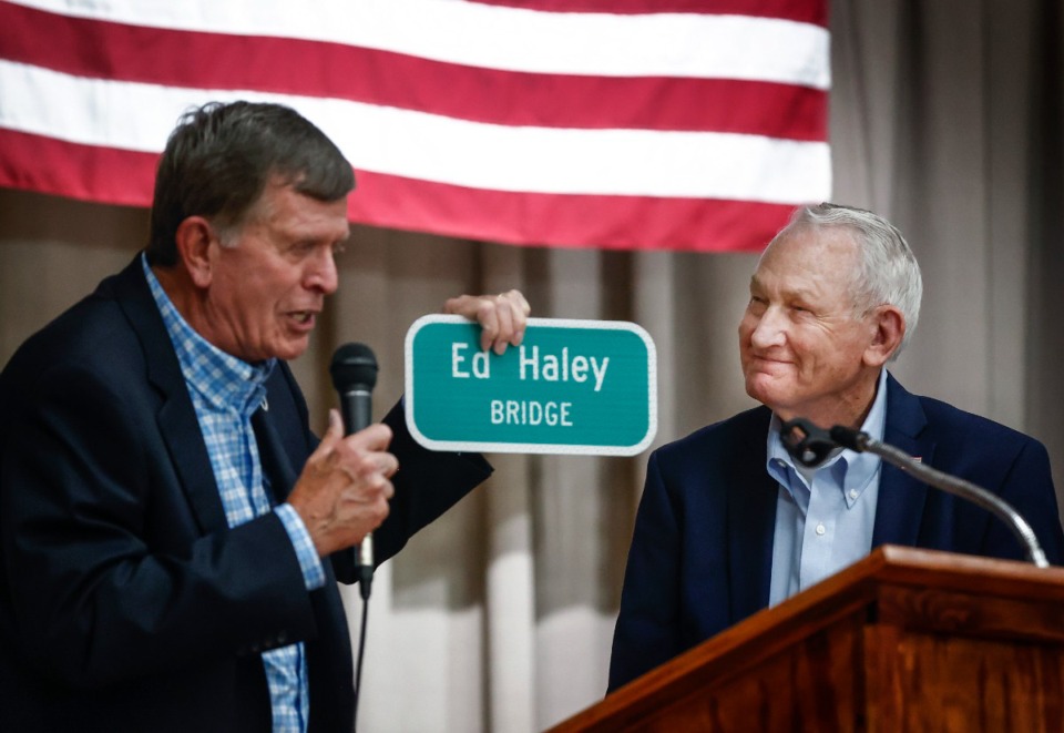 <strong>Tennessee Senator Paul Rose speaks during a street naming ceremony for retiring Millington City Manager Ed Haley (right) on Friday, Aug. 2, 2024.</strong> (Mark Weber/The Daily Memphian)