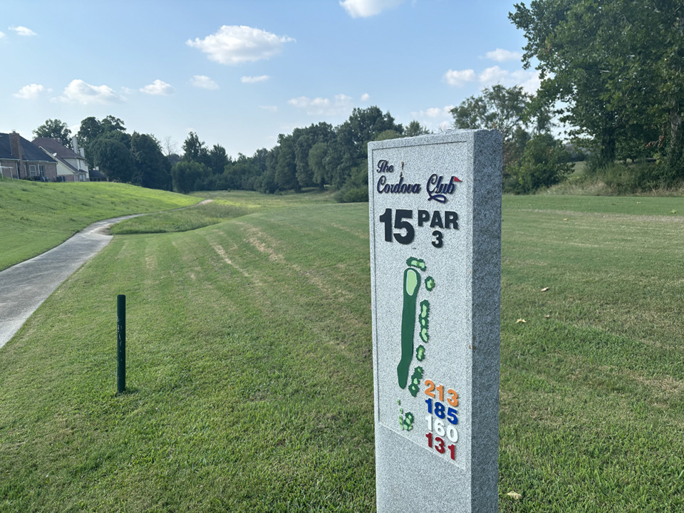 <strong>The old 15th-hole marker sits alone at the former Cordova Club.</strong> (David Boyd/The Daily Memphian)