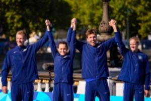 <strong>Silver medalists, Seth Rider (left), Taylor Spivey, Morgan Pearson and Taylor Knibb of the United States, celebrate during a medal ceremony for the mixed relay triathlon at the 2024 Summer Olympics, Monday, Aug. 5, 2024, in Paris, France.</strong> (David Goldman/AP)