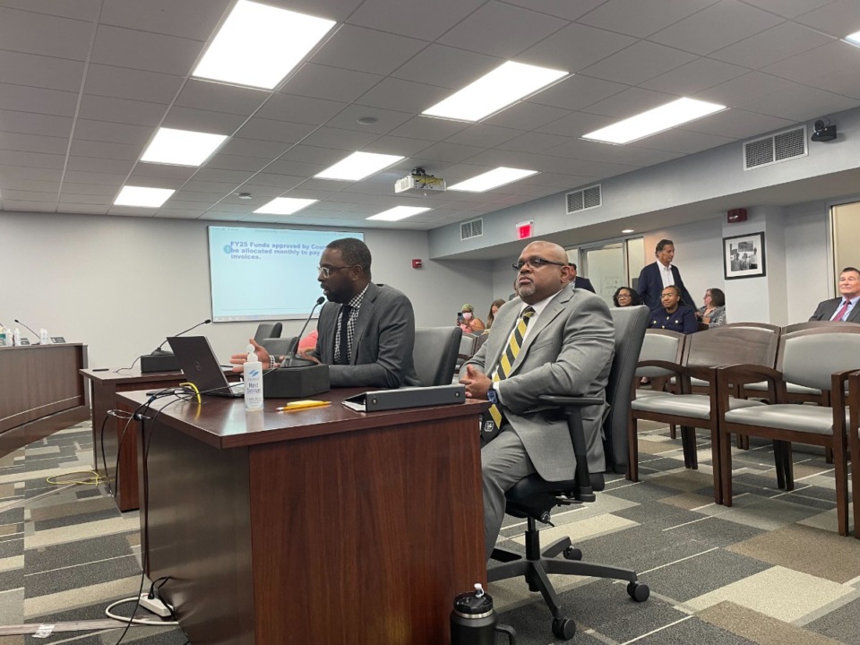 <strong>Memphis Mayor Paul Young and interim chief operating officer Antonio Adams address the Memphis City Council, Tuesday, Aug. 6. The city plans to pay for a forensic audit of the Memphis Area Transit Authority.</strong> (Samuel Hardiman/The Dailly Memphian