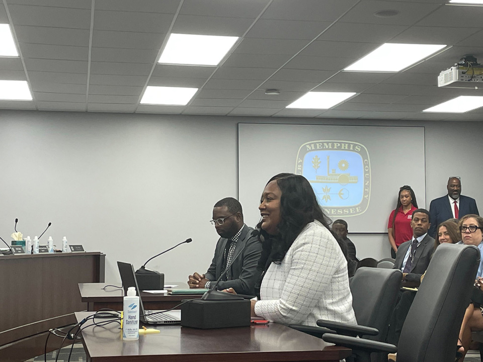 <strong>Joann Massey, flanked by Memphis Mayor Paul Young, appears before the Memphis City Council on Tuesday, Aug. 6. Massey is Young&rsquo;s nominee to the Economic Development Growth Engine for Memphis and Shelby County.</strong> (Samuel Hardiman/The Daily Memphian)