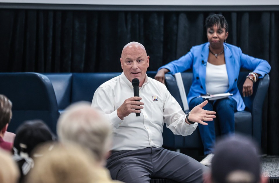 <strong>MLGW CEO Doug McGowan speaks Saturday at a community meeting in Whitehaven that was moderated by Memphis City Councilmember Pearl Walker.</strong> (Patrick Lantrip/The Daily Memphian)