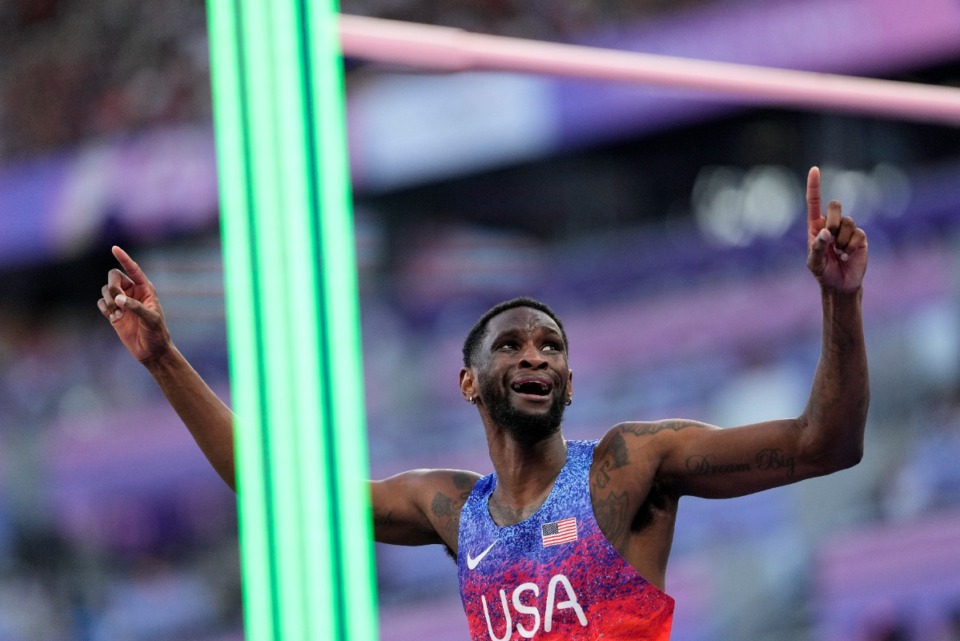 <strong>Shelby McEwen, of Abbeville, Miss., reacts in the men's high jump final at the 2024 Summer Olympics, Saturday, Aug. 10, 2024, in Saint-Denis, France.</strong> (Bernat Armangue/AP)