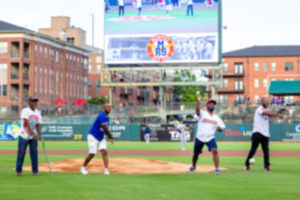 <strong>Memphis Mayor Paul Young, third from left, throws out the first pitch at the Memphis Redbirds game Saturday against Gwinnett.</strong> (Benjamin Naylor/The Daily Memphian)