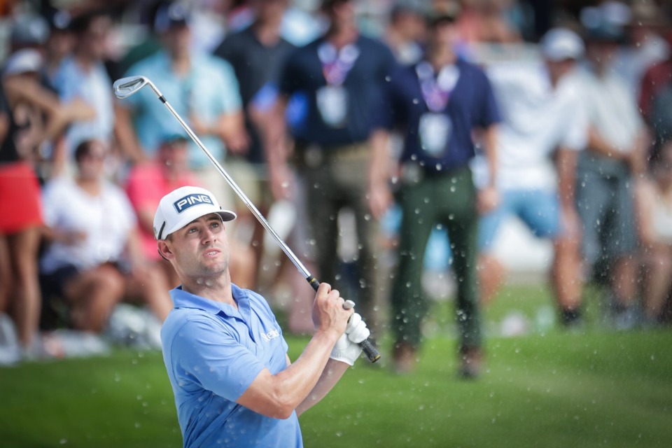 <strong>Taylor Moore hits from a bunker on the 18th hole during the third day of the FedEx St. Jude Championship at TPC Southwind Aug. 12, 2023. Moore is one of the 70 PGA tour pros that will start play Thursday at TPC Southwind in the first round&nbsp; of the FedEx Cup playoffs.</strong> (Patrick Lantrip/The Daily Memphian file)