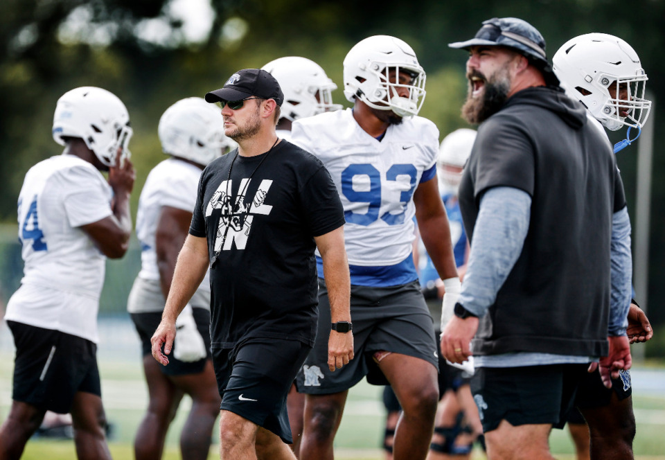 <strong>University of Memphis head coach Ryan Silverfield (left) during football practice on Wednesday, July 31, 2024.</strong> (Mark Weber/The Daily Memphian)