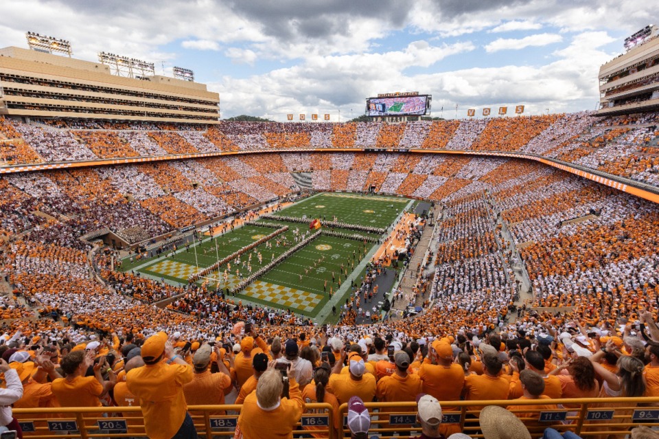 <strong>Tennessee players run onto the field at Neyland Stadium before an NCAA college football game between Tennessee and Texas A&amp;M Saturday, Oct. 14, 2023, in Knoxville, Tenn.</strong> (Wade Payne/AP Photo file)