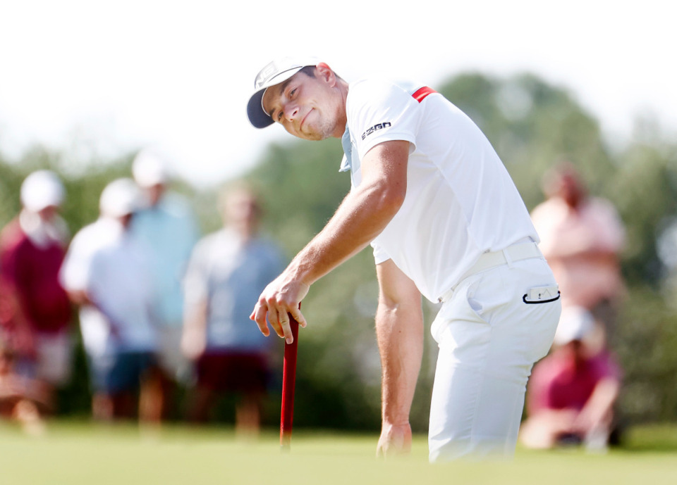 <strong>PGA golfer Viktor Hovland reacts to a missed putt during the final round of the FedEx St. Jude Championship Aug. 12, 2023.</strong> (Mark Weber/The Daily Memphian file)