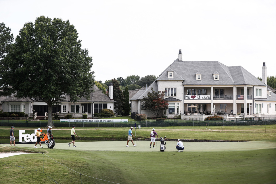 <strong>PGA golfers play in front of Southwind golf course houses on Tuesday Aug. 13, 2024.</strong> (Mark Weber/The Daily Memphian)