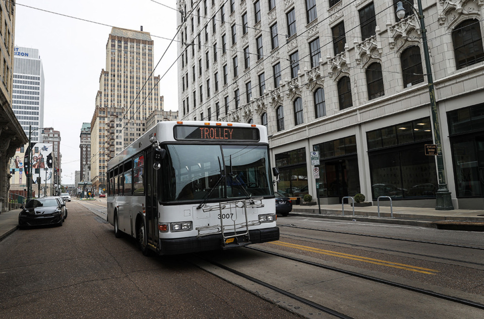 <strong>A Mempis Area Transit Authority trolley bus drives along Madison Avenue April 4, 2023.</strong> (Mark Weber/The Daily Memphian file)