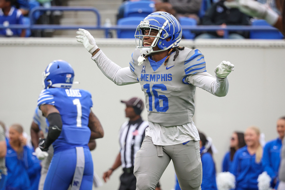 <strong>Memphis Tigers defensive back Jordan Grier, 16, celebrates during the spring game at Simmons Bank Liberty Stadium April 20.</strong> (Wes Hale/Special to The Daily Memphian)