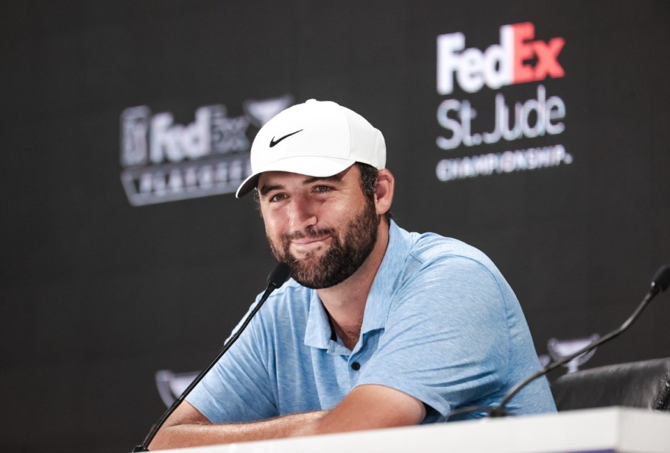 <strong>Scottie Scheffler addresses the media during the practice round of the FedEx-St. Jude Championship Aug. 14.</strong> (Patrick Lantrip/The Daily Memphian)