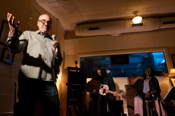 <strong>Dominic Pandiscia (left) introduces musicians Sam Bryant (middle) and Ruthie Foster at the 70th anniversary celebration of Elvis Presley&rsquo;s song &ldquo;That&rsquo;s All Right&rdquo; at Sun Studio on Wednesday, Aug. 14, 2024.</strong> (Ziggy Mack/Special to The Daily Memphian)