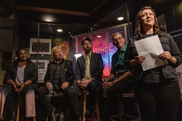 <strong>A panel discussion at Sun Studio Aug. 14, 2024, includes (from right) moderator Adrienne Kelley, Robert Gordon, Matt Ross-Spang, Jerry Phillips and musician Ruthie Foster.</strong> (Ziggy Mack/Special to The Daily Memphian)