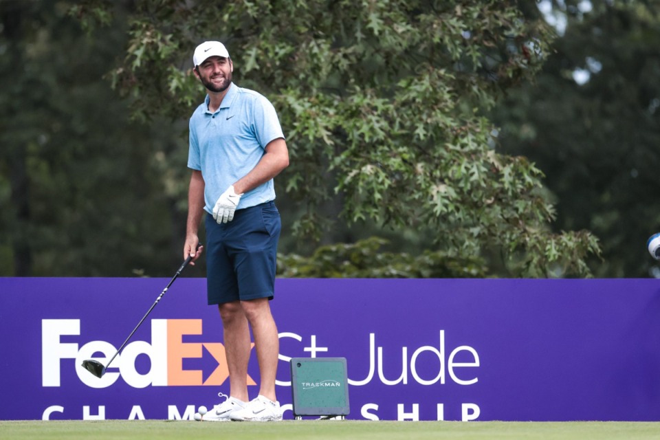 <strong>Here&rsquo;s your hint to No. 1 Down. Scottie Scheffler prepares to tee off from the seventh hole of TPC Southwind during the practice round of the FedEx-St. Jude Championship Aug. 14, 2024.</strong> (Patrick Lantrip/The Daily Memphian)