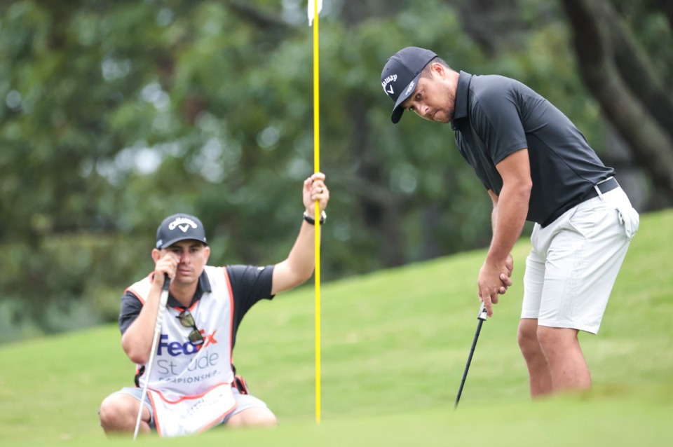 <strong>Xander Schauffele putts on the sixth green of TPC Southwind during the practice round of the FedEx-St. Jude Championship Aug. 14, 2024.</strong> (Patrick Lantrip/The Daily Memphian)