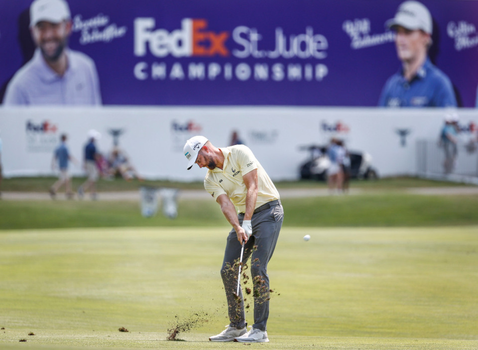 <strong>PGA golfer Chris Kirk watches his tee shot on hole 18 during first round action of the FedEx St. Jude Championship on Thursday, Aug. 15, 2024.</strong> (Mark Weber/The Daily Memphian)