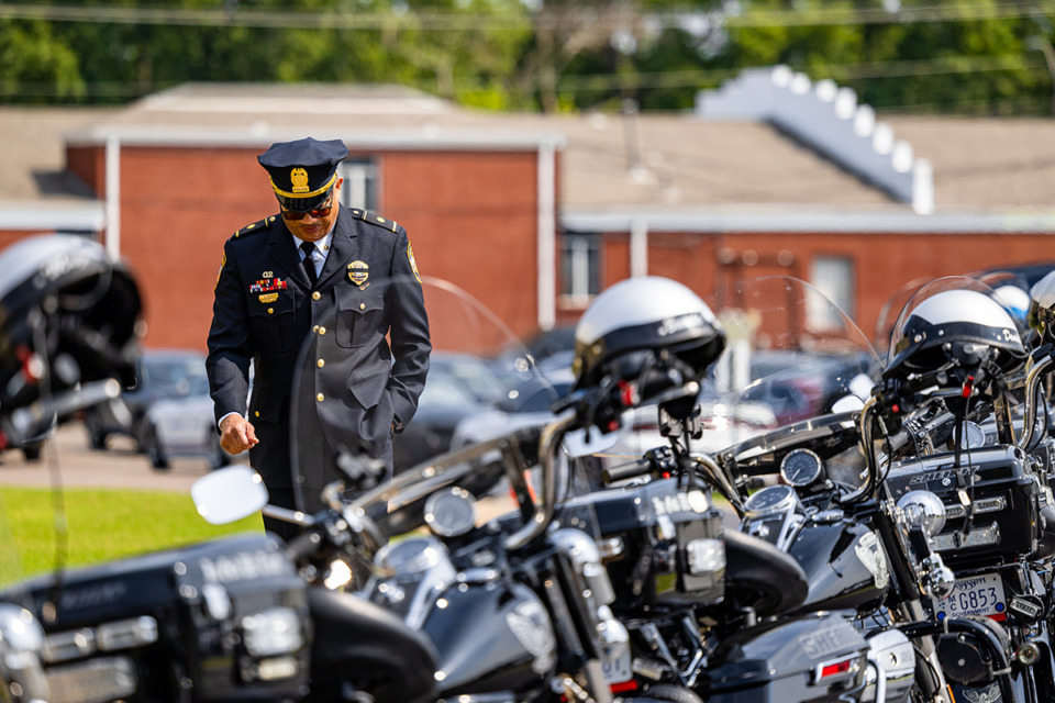 <strong>Police officers arrive to the funeral of Memphis police department rookie Demetrice Johnson Aug. 15.</strong> (Benjamin Naylor/The Daily Memphian)