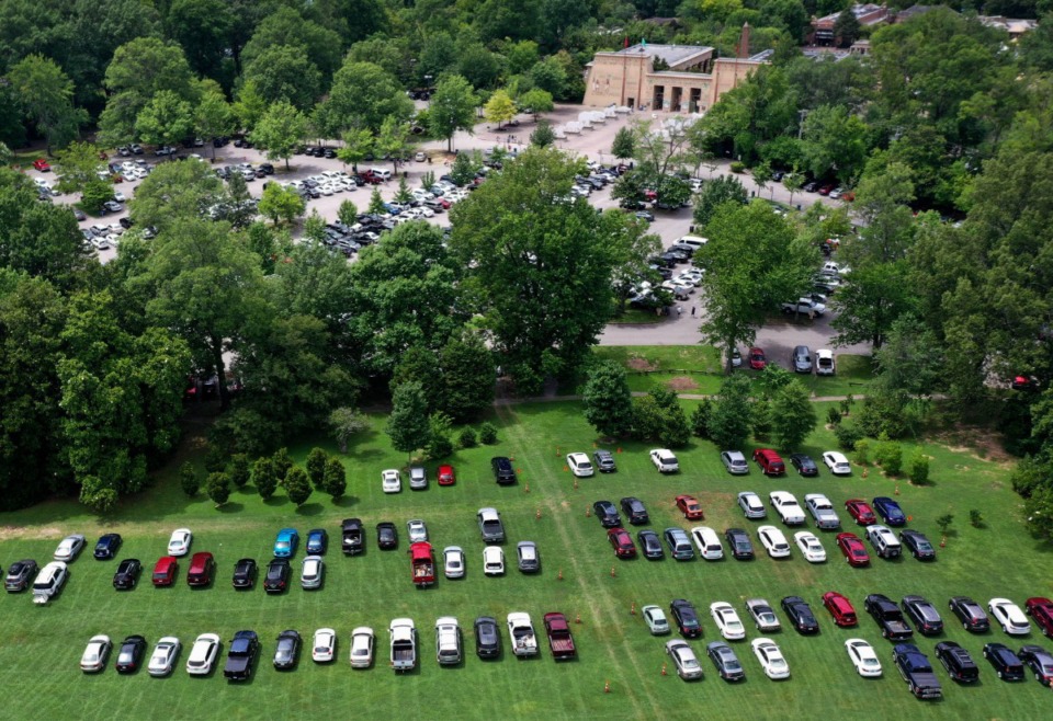 <strong>Overflow parking for the Memphis Zoo spills onto the Greensward at Overton Park on July 6, 2019. </strong>&nbsp;(The Daily Memphian file)