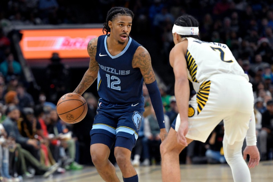 <strong>Memphis Grizzlies guard Ja Morant (12) handles the ball against Indiana Pacers guard Andrew Nembhard (2) in the second half of an NBA basketball game Thursday, Dec. 21, 2023, in Memphis, Tenn.</strong> (Brandon Dill/AP Photo)