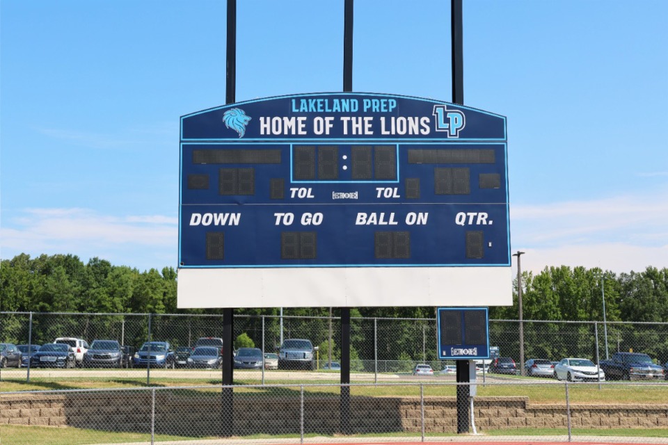 <strong>Lakeland Preparatory School's existing electro-mech scoreboard at its football field would be upgraded to a state-of-the-art video board under a new proposal from the city.</strong> (Courtesy Lakeland School System)