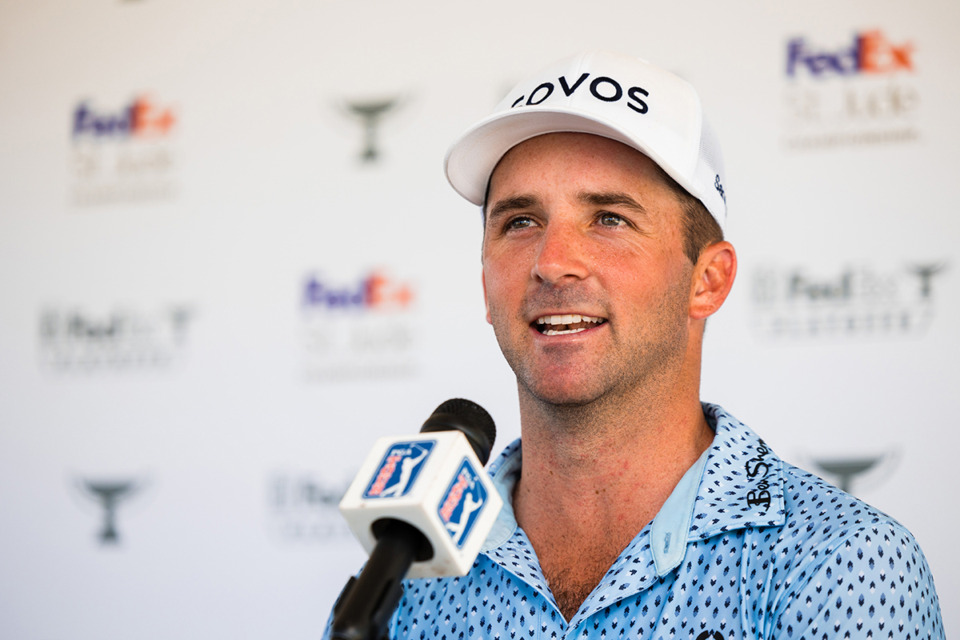 <strong>Denny McCarthy speaks to the press after finishing Day 2, another hot day, at the FedEx St. Jude Championship Aug. 16.</strong> (Benjamin Naylor/The Daily Memphian)