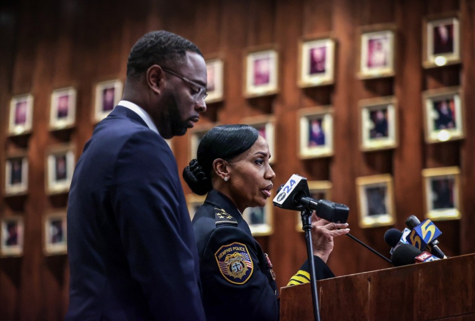 <strong>Mayor Paul Young stands with interim Chief C.J. Davis as she addresses the Memphis City Council. About 17% of those surveyed had never heard of Young, and 35% had no idea who Davis is.</strong>&nbsp;(Patrick Lantrip/The Daily Memphian file)