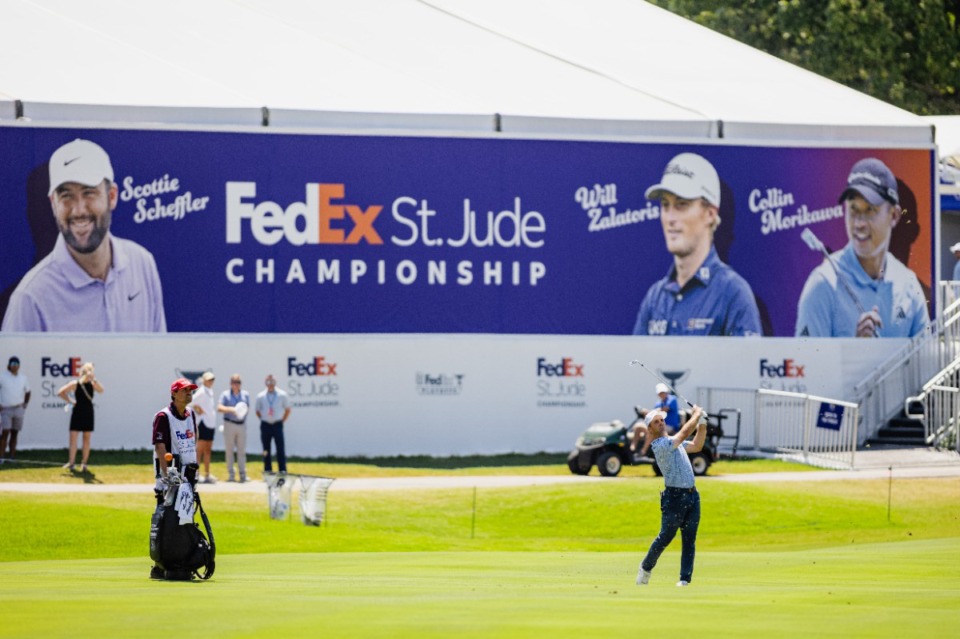 <strong>Denny McCarthy watches his approach to the 18th green at TPC Southwind during the second round of the Friday's Fedex St. Jude Championship.</strong> (Benjamin Naylor/The Daily Memphian)