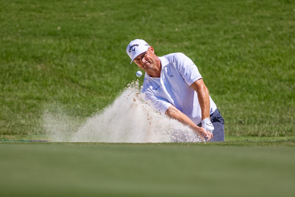 <strong>Alex Noren chips out of a sand bunker onto the ninth green during day three of the FedEx St. Jude Champtionship Saturday, Aug. 17.</strong> (Benjamin Naylor/The Daily Memphian)