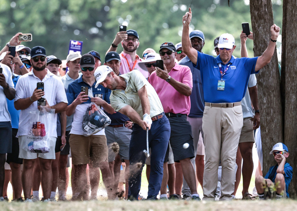 <strong>Denny McCarthy shoots from the rough on the 9th hole of the final round of the FedEx-St. Jude Championship at TPC Southwind Aug. 18, 2024.</strong> (Patrick Lantrip/The Daily Memphian)