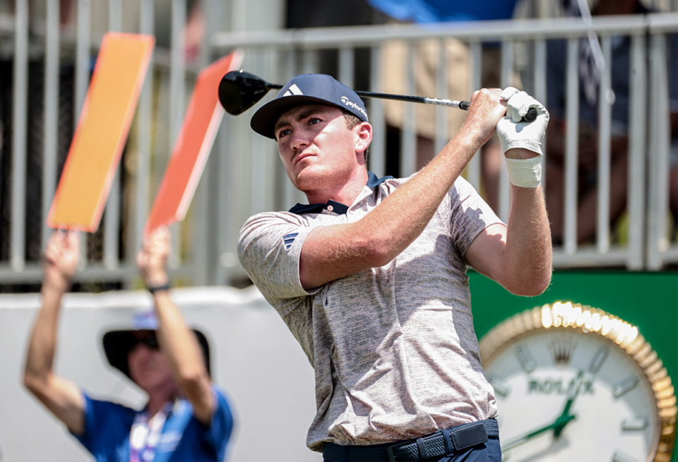 <strong>Nick Dunlap tees off during the final round of the FedEx-St. Jude Championship at TPC Southwind Aug. 18, 2024.</strong> (Patrick Lantrip/The Daily Memphian)