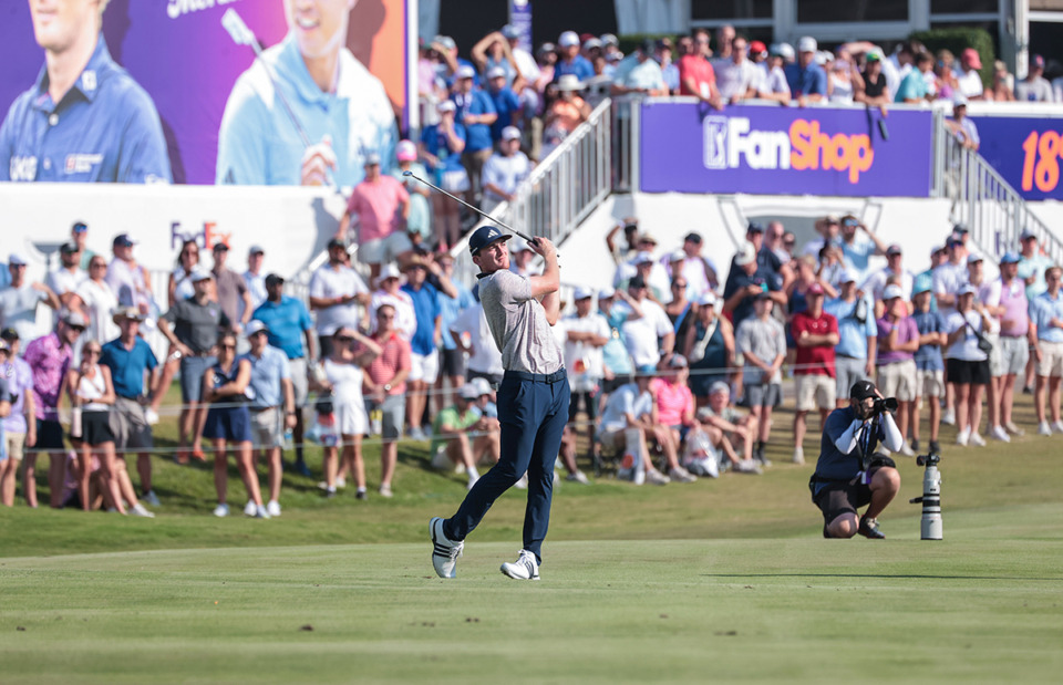 <strong>Nick Dunlap hits from the 18th fairway during the final round of the FedEx-St. Jude Championship at TPC Southwind Aug. 18, 2024.</strong> (Patrick Lantrip/The Daily Memphian)