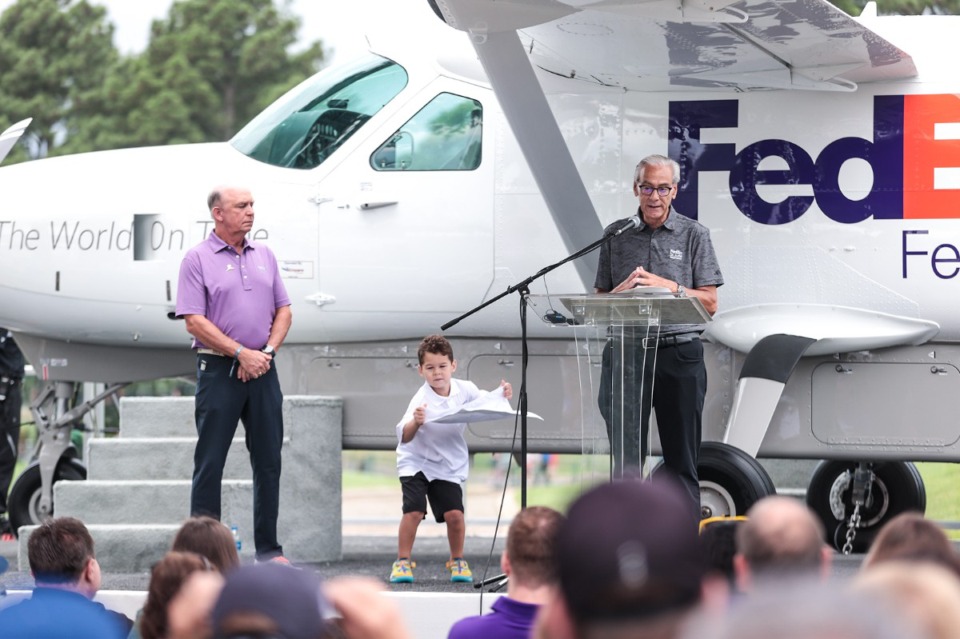 <strong>Richard C. Shadyac speaks during the Purple Eagle ceremony at TPC Southwind during the practice round of the FedEx-St. Jude Championship Aug. 14, 2024.</strong> (Patrick Lantrip/The Daily Memphian)