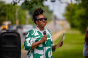 <strong>Memphis Area Transit Authority&rsquo;s interim CEO Bacarra Mauldin says the agency may lay off about half of its employees. Mauldin speaks during the ribbon cutting of artist Brandon Marshall's murals depicting "Jookin" on bus stops in Hickory Hill June 20, 2024.</strong> (Benjamin Naylor/The Daily Memphian file)