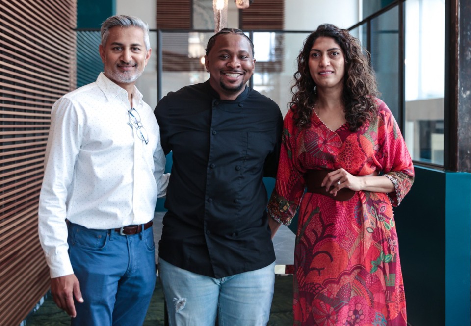 <strong>Snay Patel, Chef Phillip Dewayne and Nimika Patel pose for a portrait at Hotel Napoleon in Downtown Aug. 16, 2024.</strong> (Patrick Lantrip/The Daily Memphian)