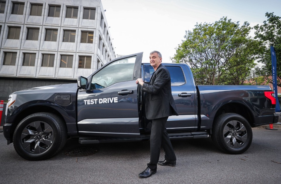 <strong>Kel Kearns, former plant manager of BlueOval City, wraps up a test drive of the Ford F-150 Lightning truck in Downtown Memphis April 14, 2023.</strong> (Patrick Lantrip/Daily Memphian file)